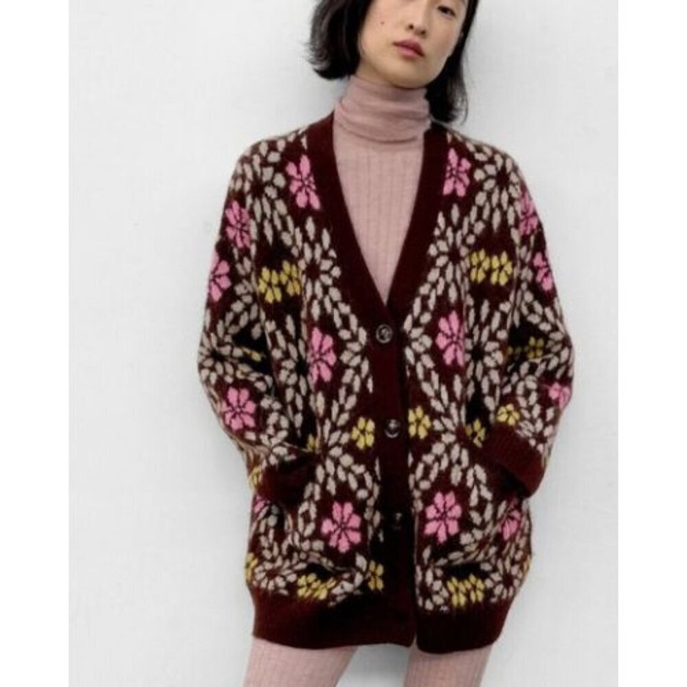 ZARA Oversized Chunky Floral Knit Cardigan Sweater Size Small nbnn - Picture 2 of 9